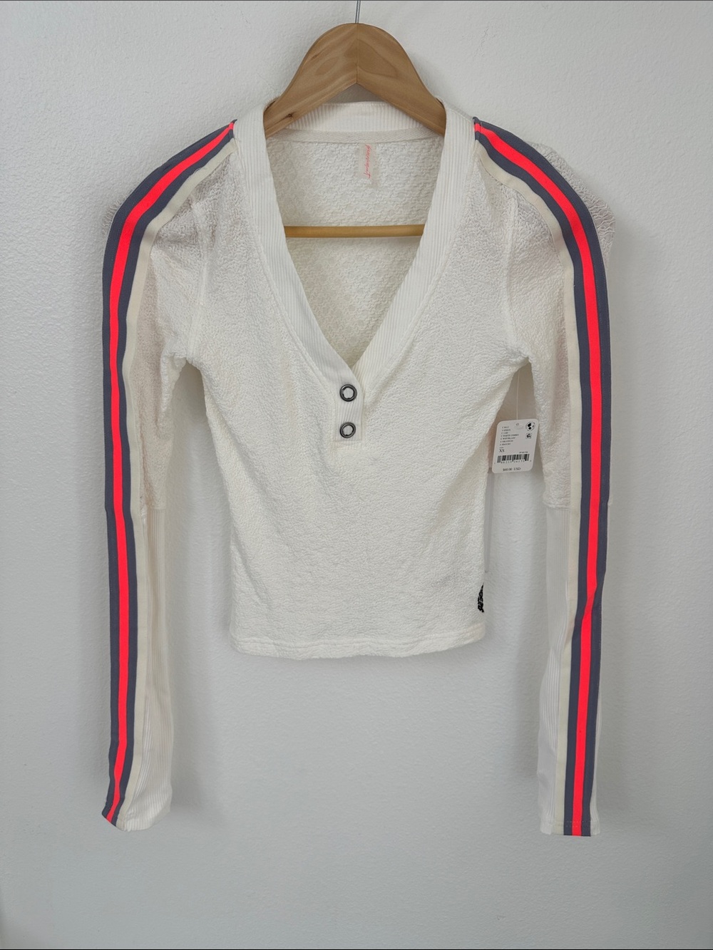FP Movement White Stretchy Long-Sleeve Henley Top, Neon Stripe, Free People